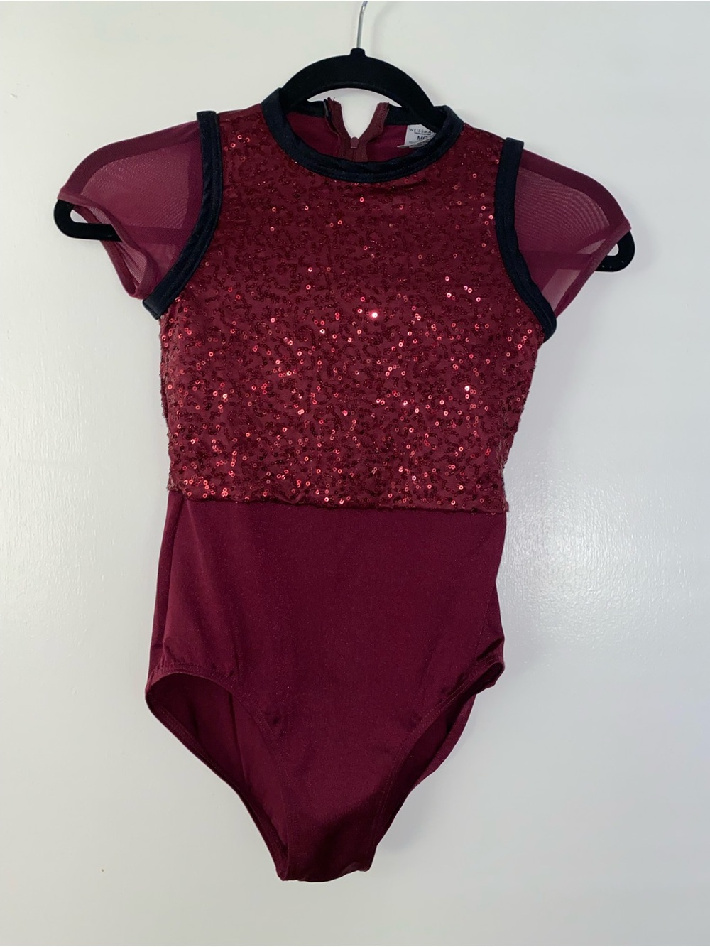Weissman Burgundy Sequin Dance Leotard with Sheer Cap Sleeves